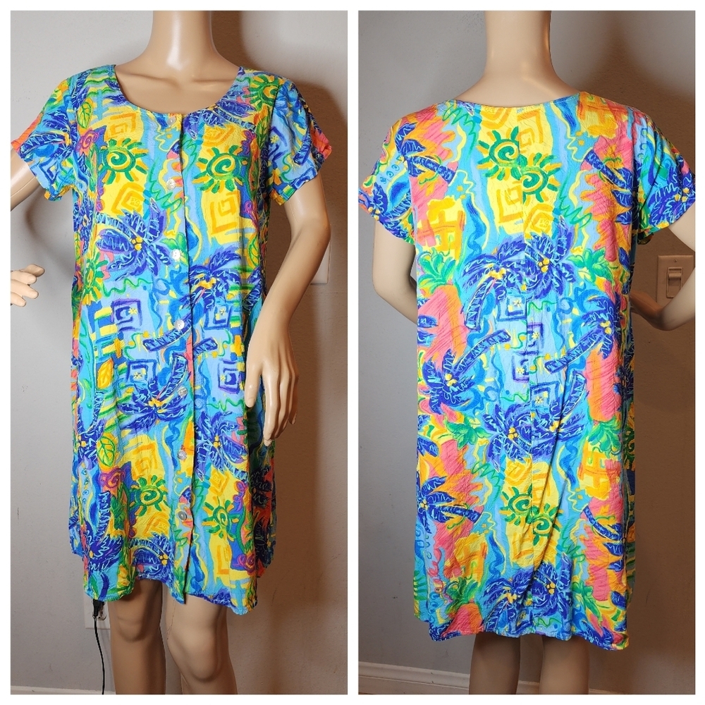Xtreme Island Designs Hawaii Button Front Short Sleeve Dress Blue Multi Small